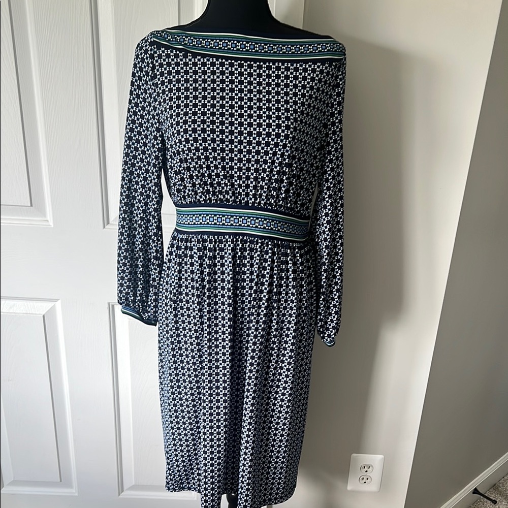 Max Studio Blue and White Sheath Dress with Bateau Neckline